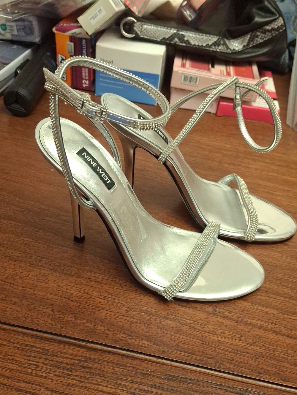 Nine West Metallic Silver Strappy Rhinestone Heels 8M New